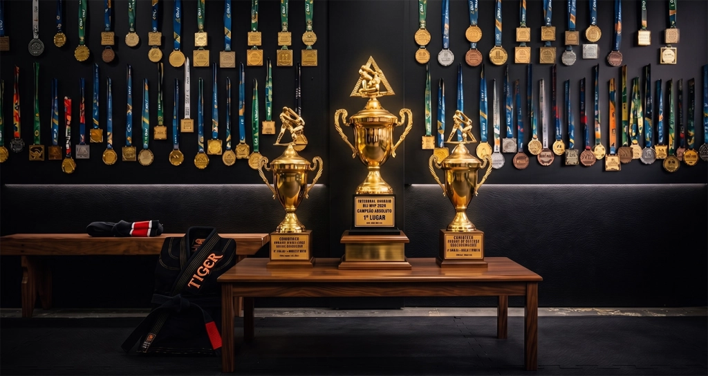 Troféus e medalhas simbólicos da trajetória de competição da Elite Tiger